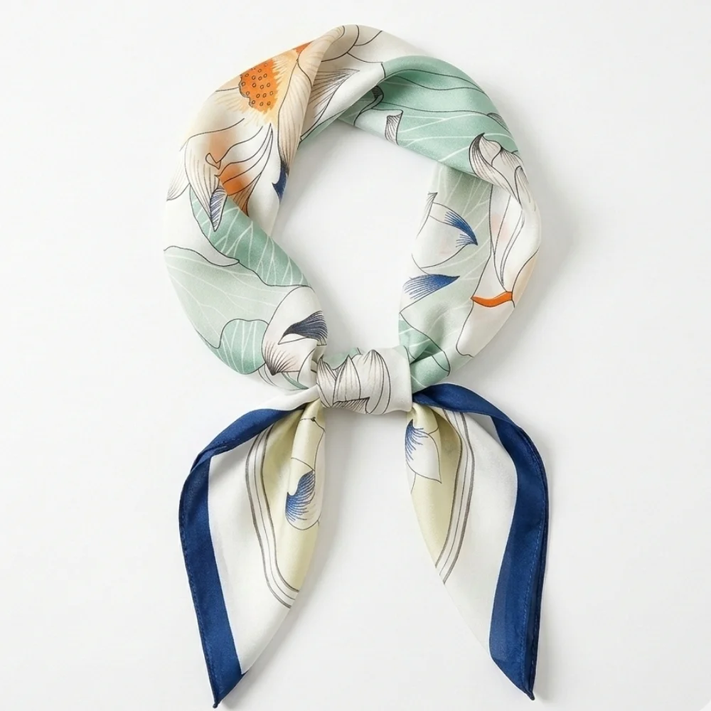 NWT Elegant Lotus Flower Satin Square Scarf - Blue & White 27